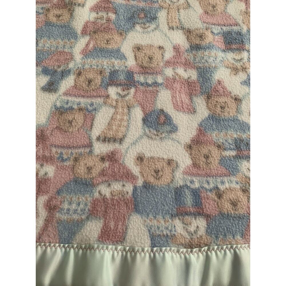 Vintage Baby Blanket Teddy Bear Snowman Fleece Acrylic Trim 51 X 39‎ Beige
